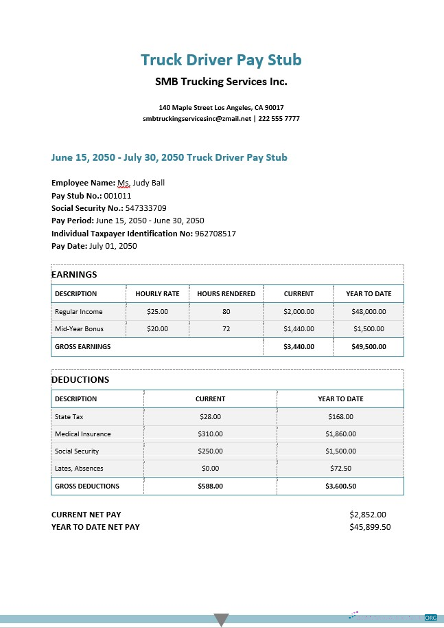 Download SMB trucking services Inc. pay stub in PDf and Word formats Photoshop template